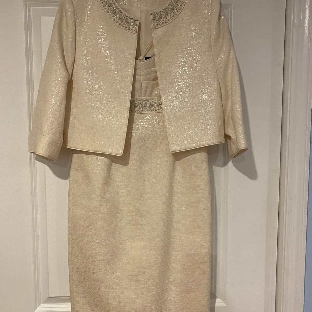 Tahari dress with jacket, Ivory with beading, Size 4
